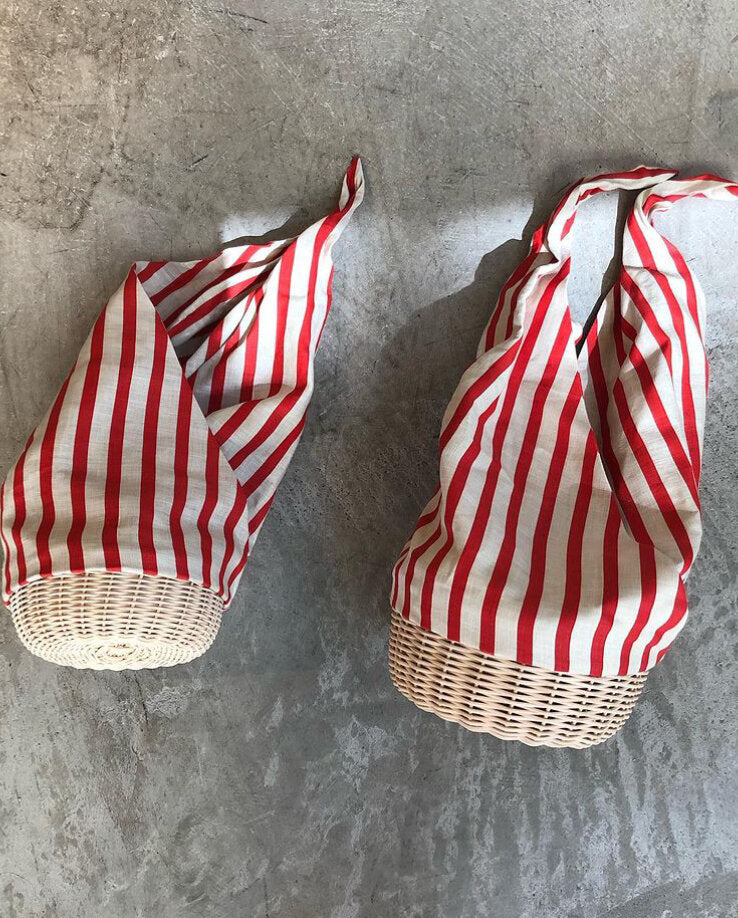 French Stripe Linen Rattan Basket