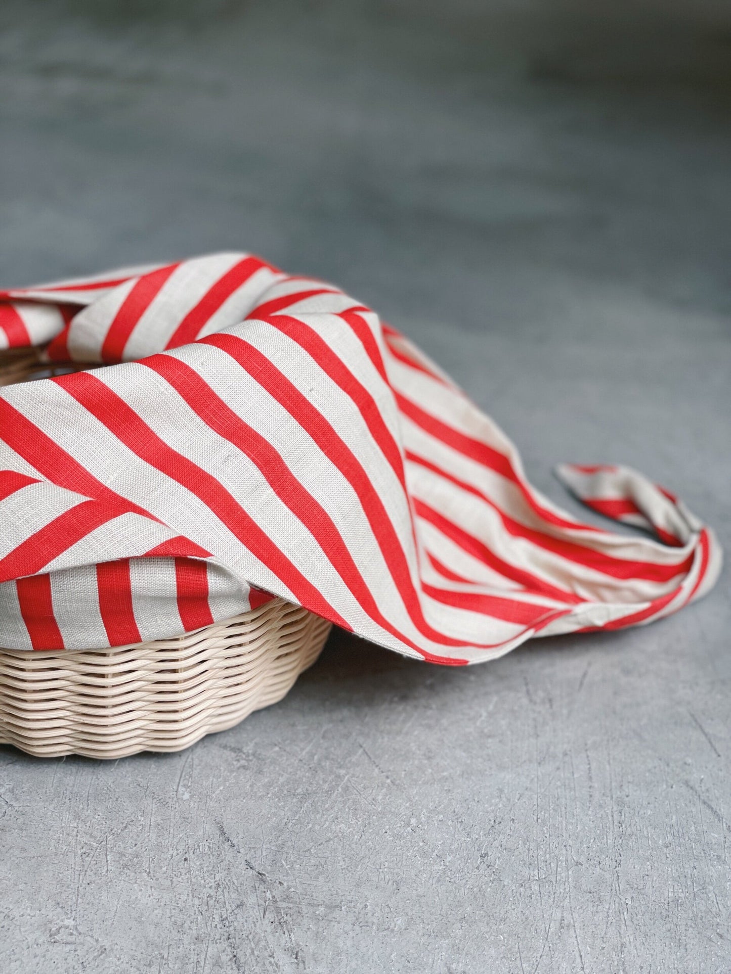 French Stripe Linen Rattan Basket