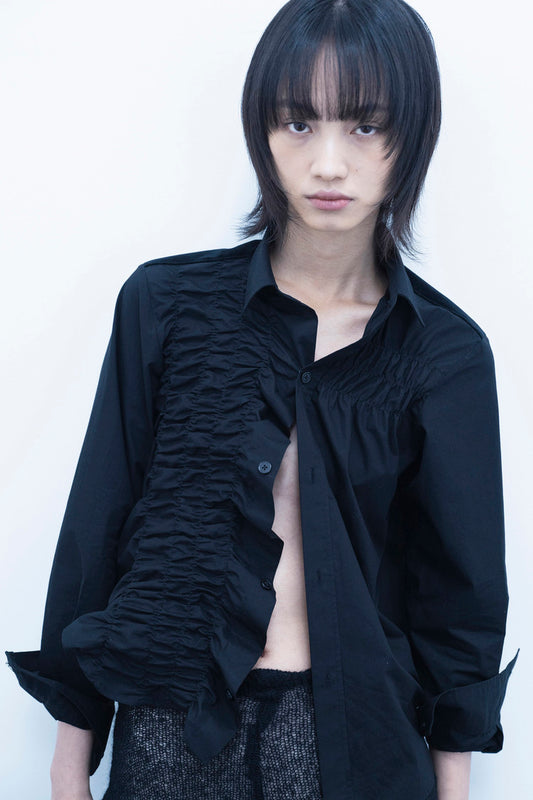 Shirring front panel button-up shirt
