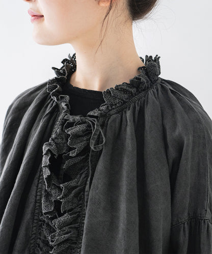 Linen Bincho-Zome Scallop Frill Blouse