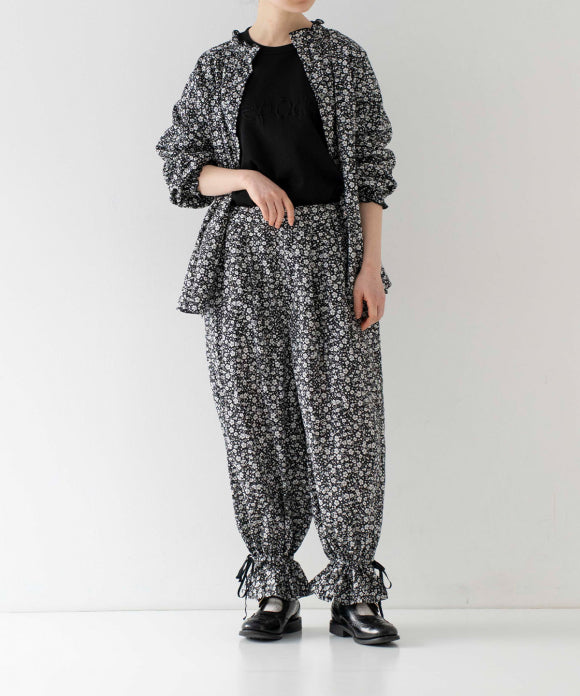 Linen Cotton Floral Flare-Hem Pants