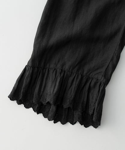 Linen Scallop Lace Frill Pants - Black