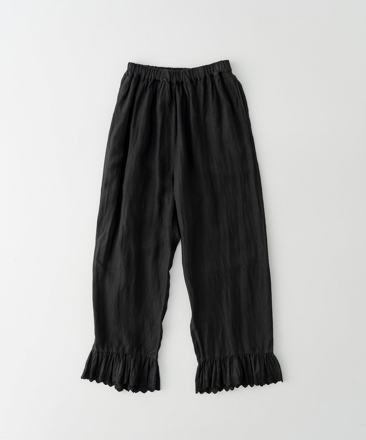 Linen Scallop Lace Frill Pants - Black