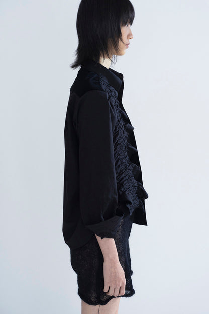 Shirring front panel button-up shirt