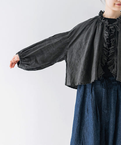 Linen Bincho-Zome Scallop Frill Blouse