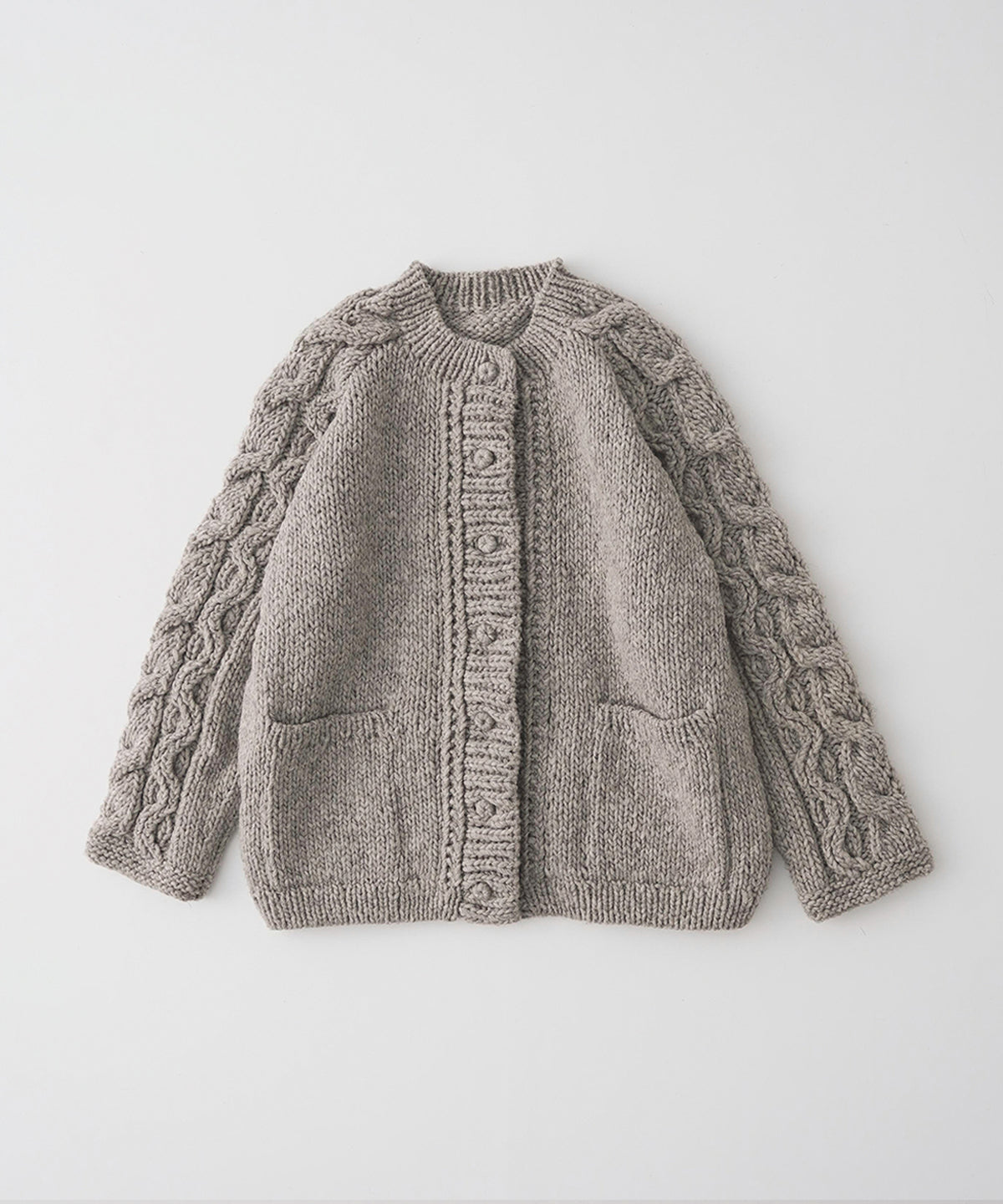 Peruvian Wool Cable Sleeve Knit Cardigan (Beige)