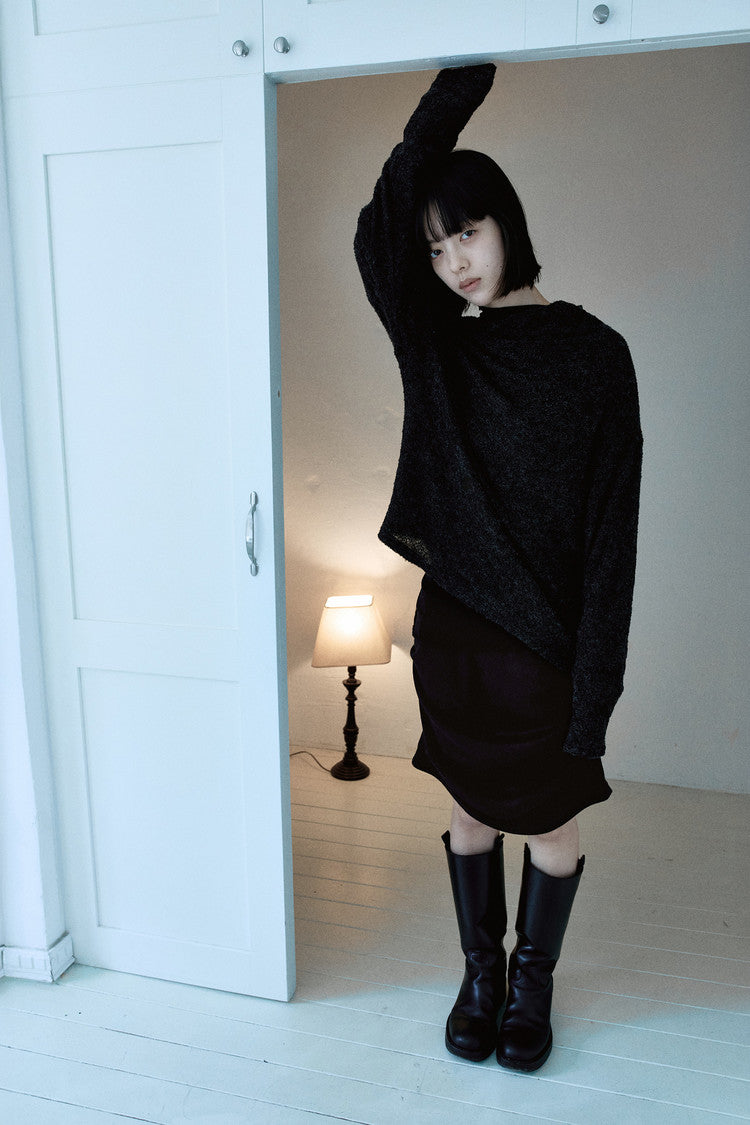 off-shoulder boucle pullover in charcoal