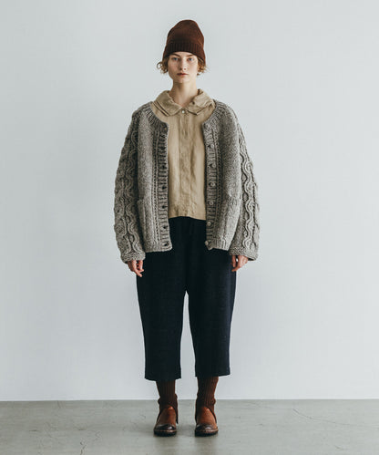 Peruvian Wool Cable Sleeve Knit Cardigan (Beige)