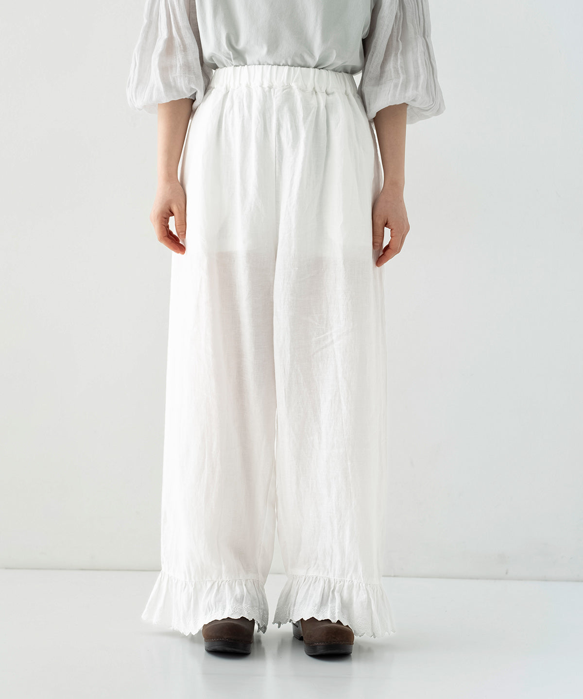 Linen Scallop Lace Frill Pants - Off White