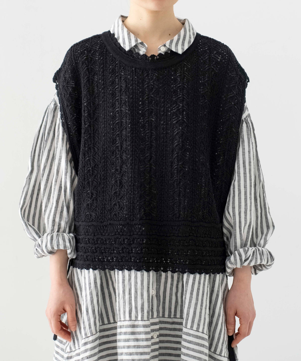 Openwork Lace Knit Vest - Black