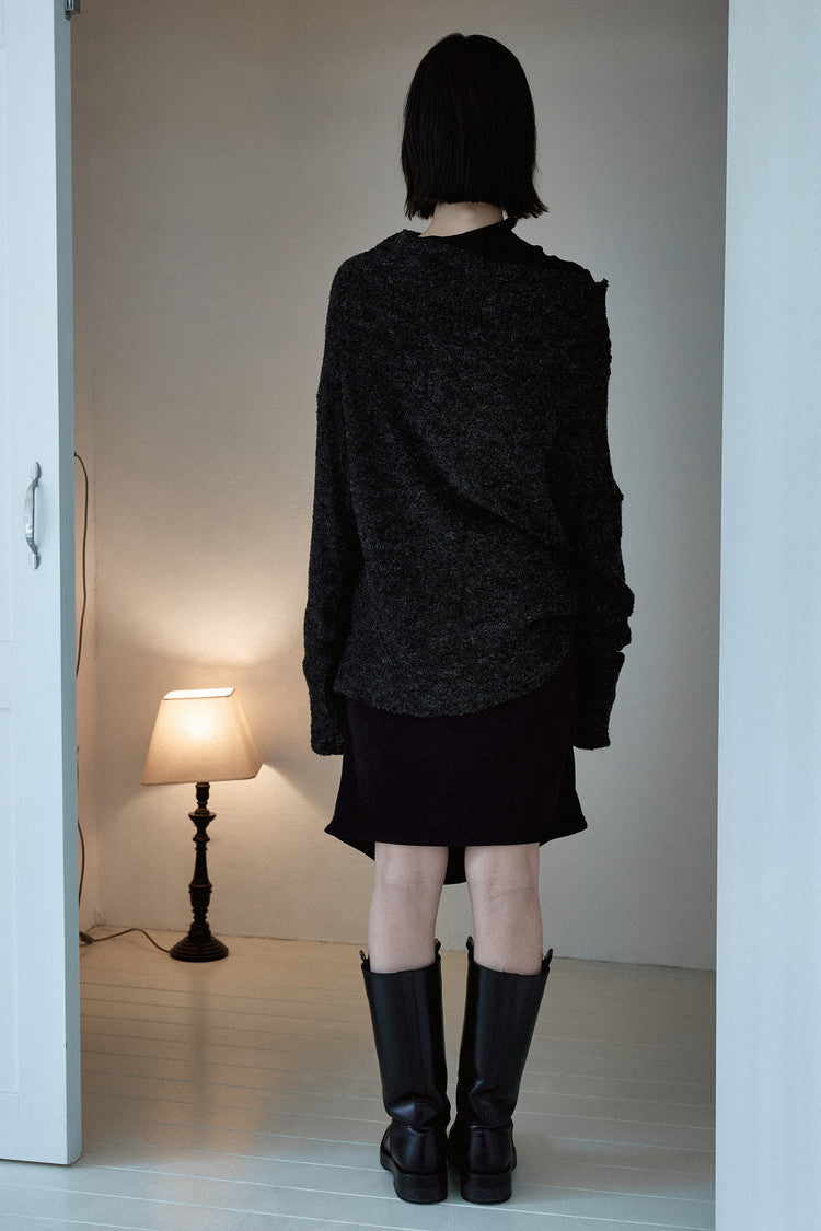 off-shoulder boucle pullover in charcoal