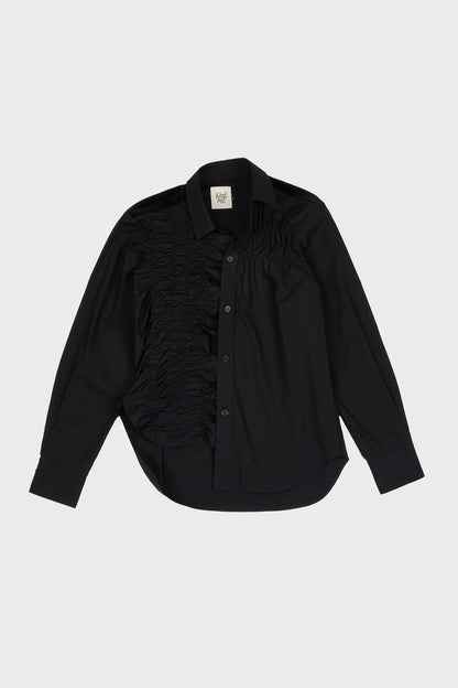 Shirring front panel button-up shirt
