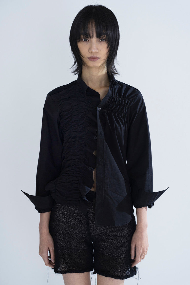 Shirring front panel button-up shirt