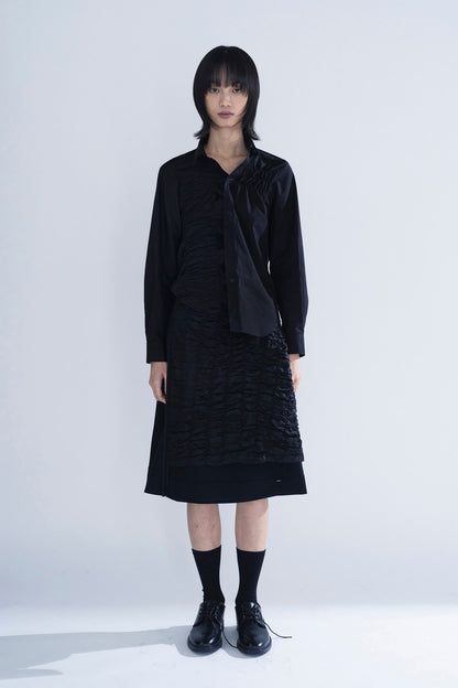 Shirring front panel button-up shirt
