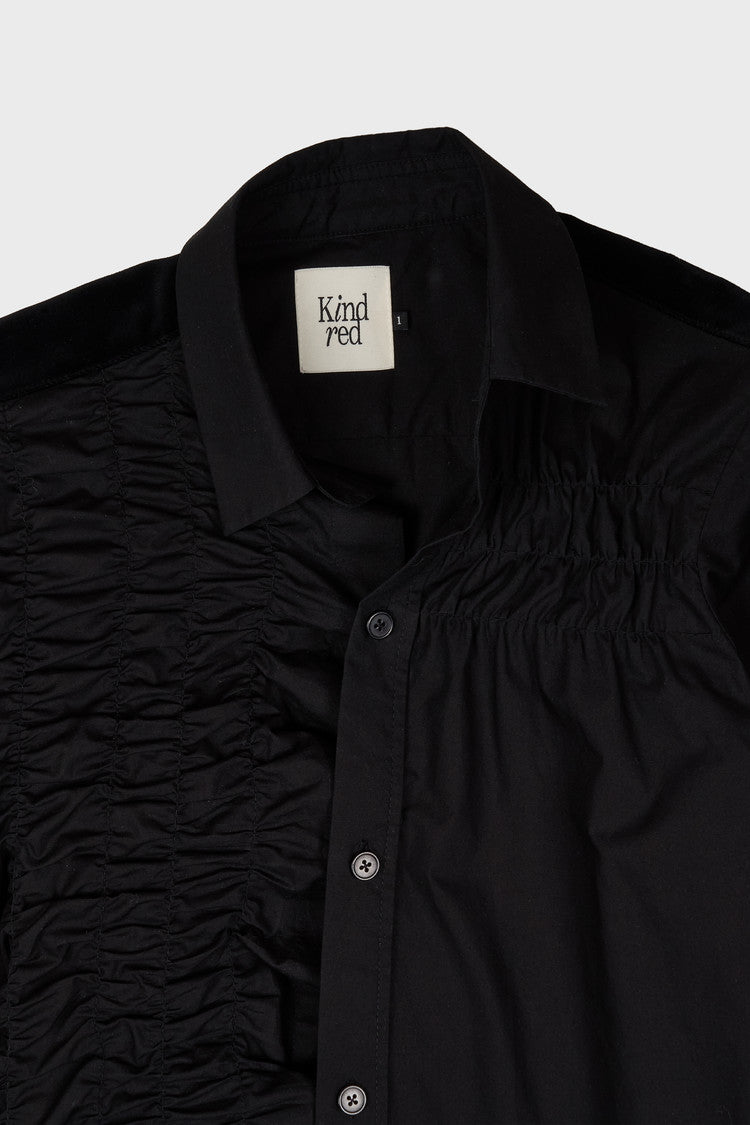 Shirring front panel button-up shirt