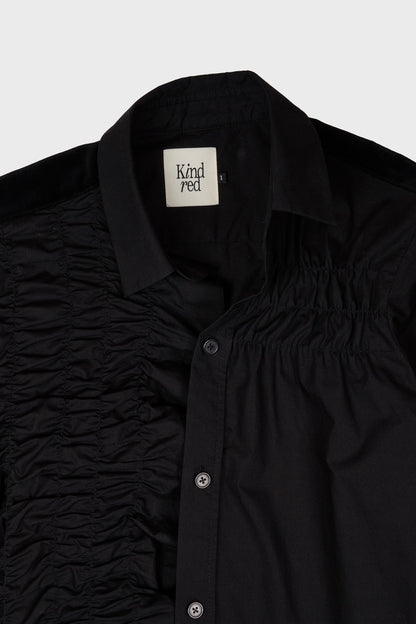 Shirring front panel button-up shirt