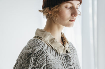 Peruvian Wool Cable Sleeve Knit Cardigan (Beige)